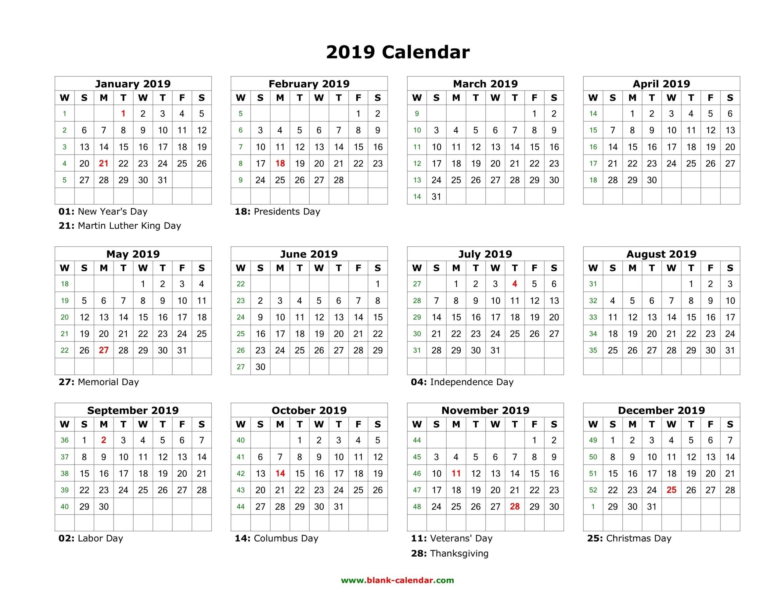 Download Blank Calendar 2019 With Us Holidays (12 Months On One Page Free | Calendar 2019-Free Fill In Calendar 2021