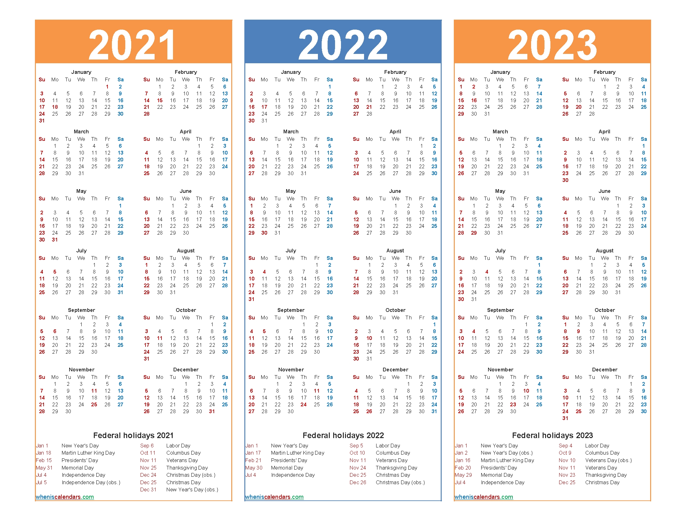 3 Year Calendars 2021 2022 2023 Free Printable | Calendar Template ...