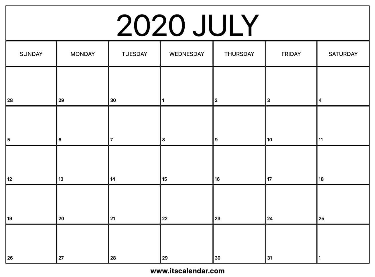 Free Printable July 2020 Calendar-Free Fill In Calendar