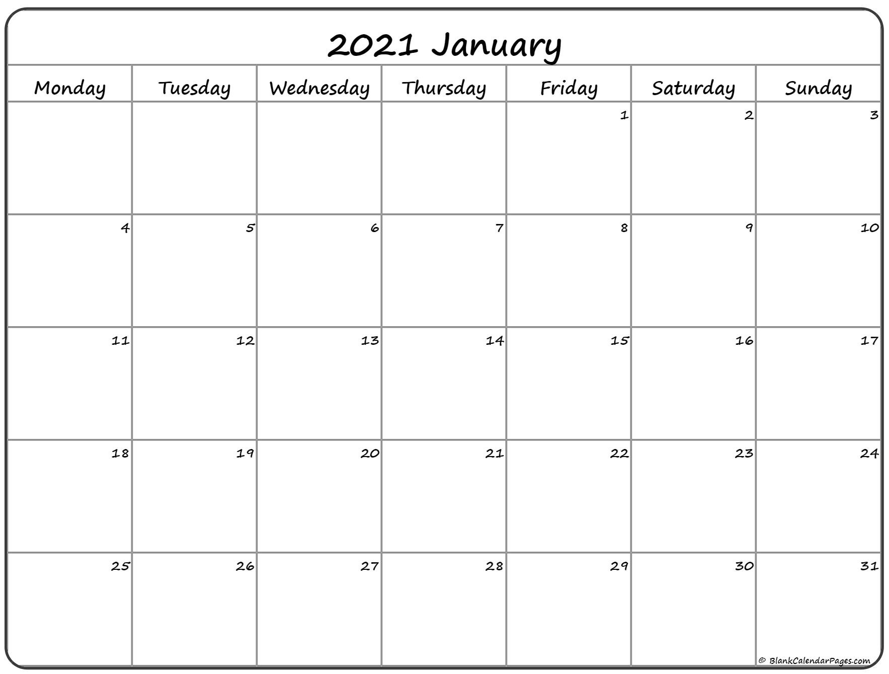 January 2021 Monday Calendar | Monday To Sunday-Sunday To Saturday Monthly Calendar 2021