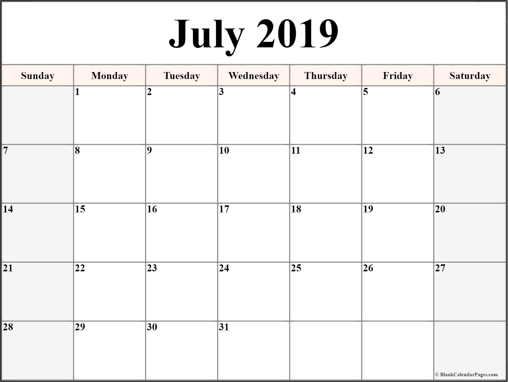 July 2019 Blank Calendar Collection.-Free Fill In Printable Calendars