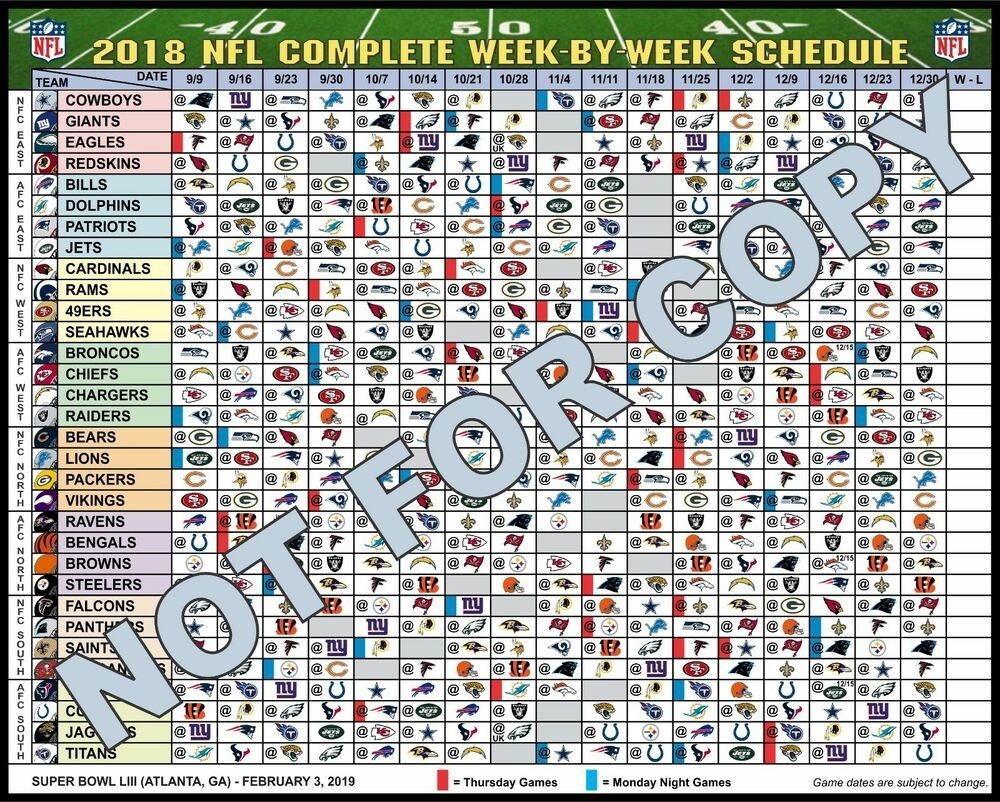 Large 2017 Nfl Complete Week-By-Week Football Schedule Magnet - No Times | Ebay-1 Page Printable Nfl Schedule