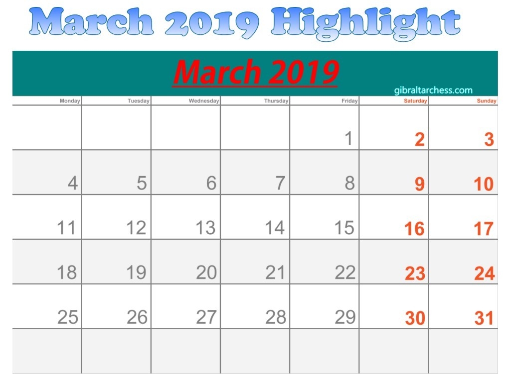 March 2019 Calendar Highlight Sunday Saturday | 2019 Calendar Printable Template-Sunday To Saturday Calendar