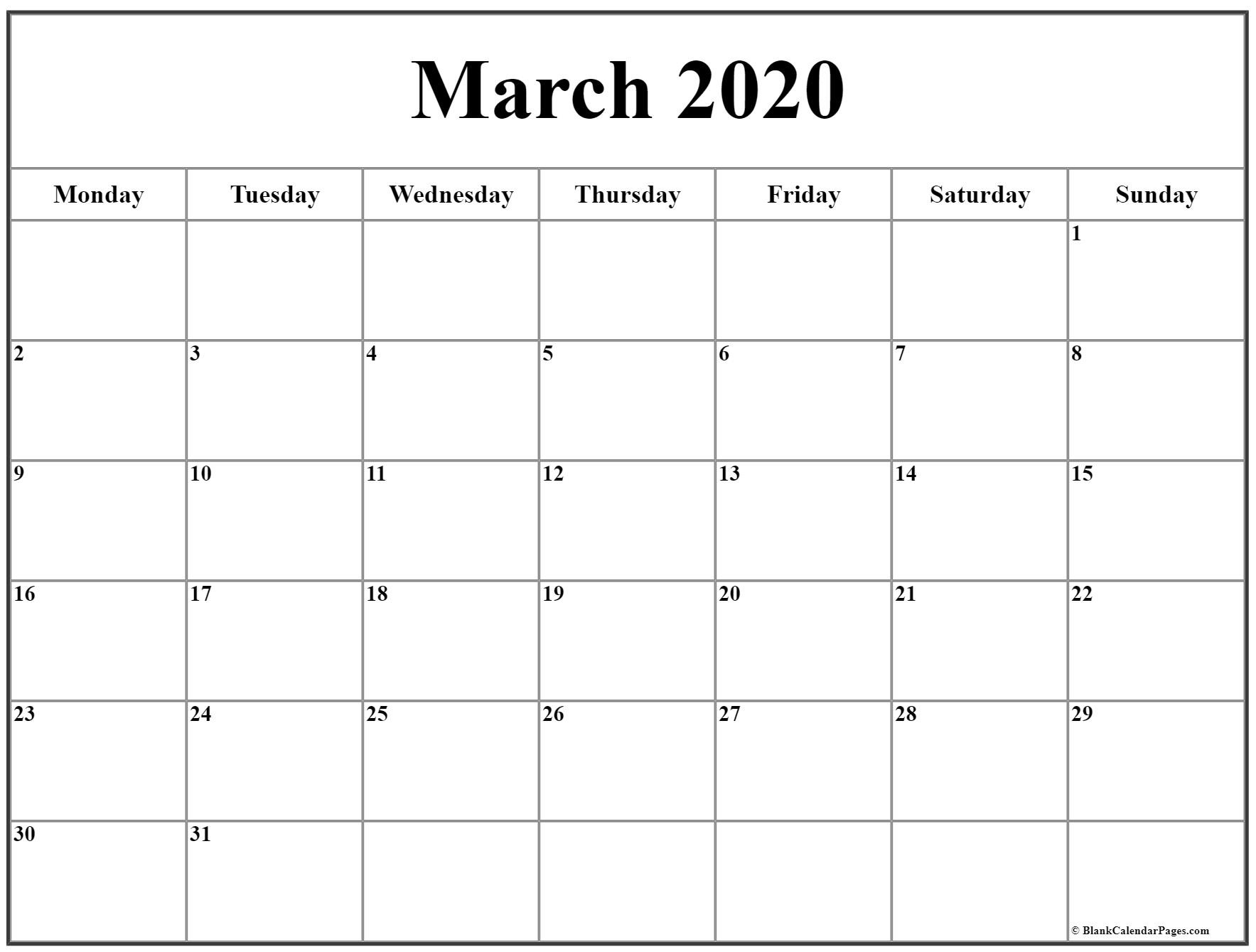March 2020 Monday Calendar | Monday To Sunday-Sunday To Saturday Calendar