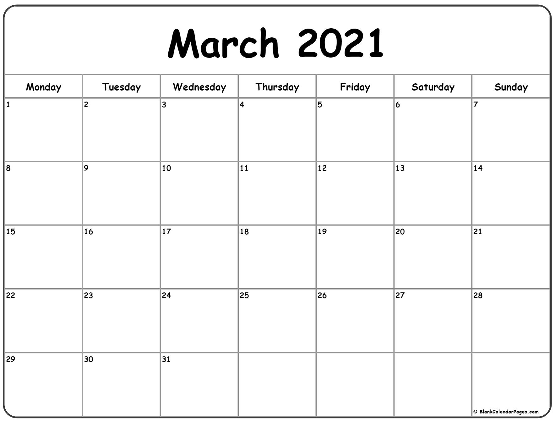 March 2021 Monday Calendar | Monday To Sunday-2021 Calendar Fill In