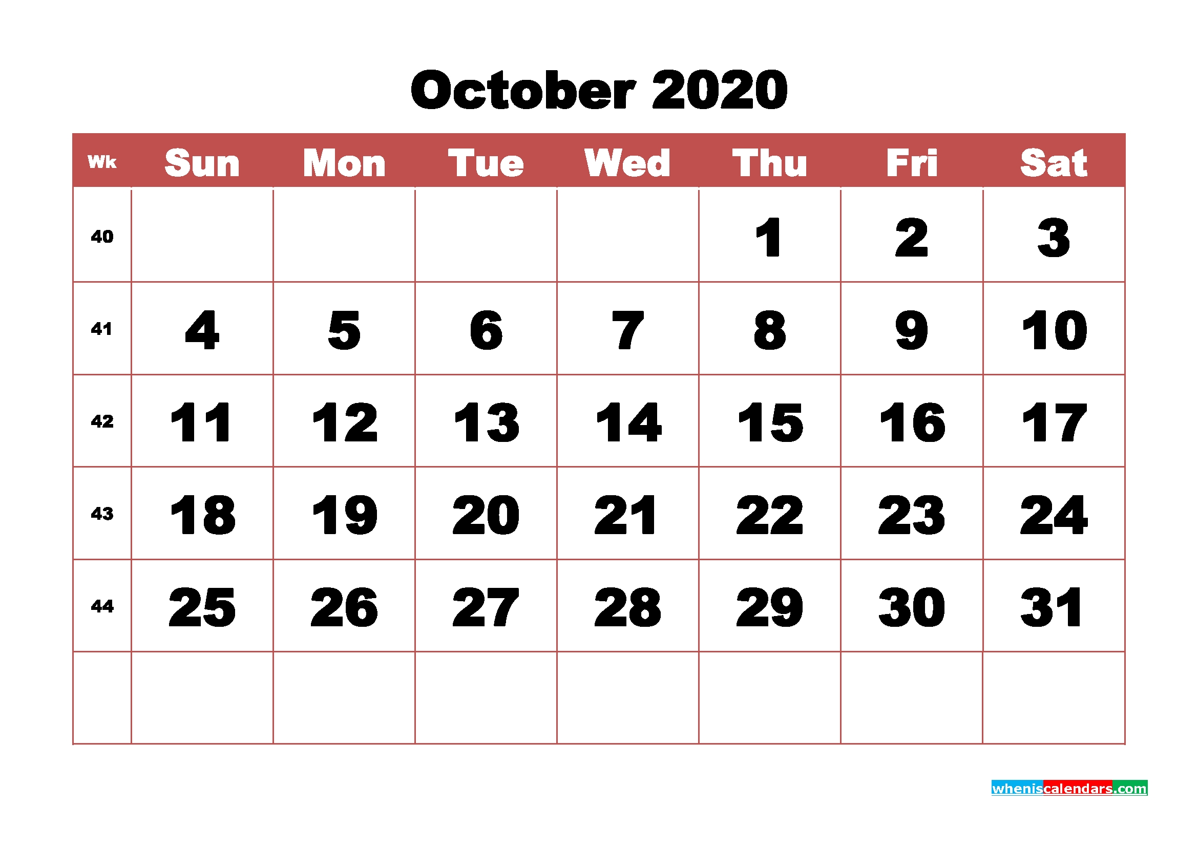 Monthly Printable Calendar 2020 October With Week Numbers | Free Printable 2020 Monthly Calendar-Large Numbers Calendar October