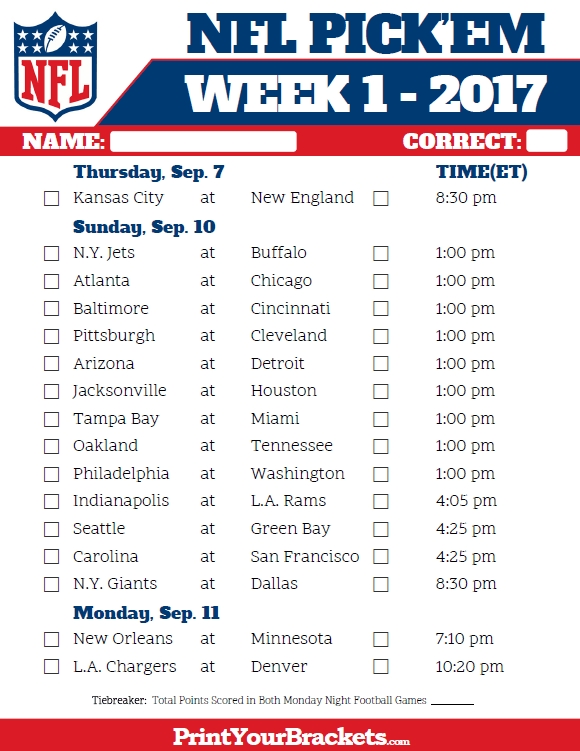 Printable Week 1 Nfl Schedule Customize and Print