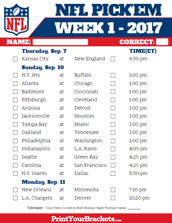 Printable Nfl Schedule By Week