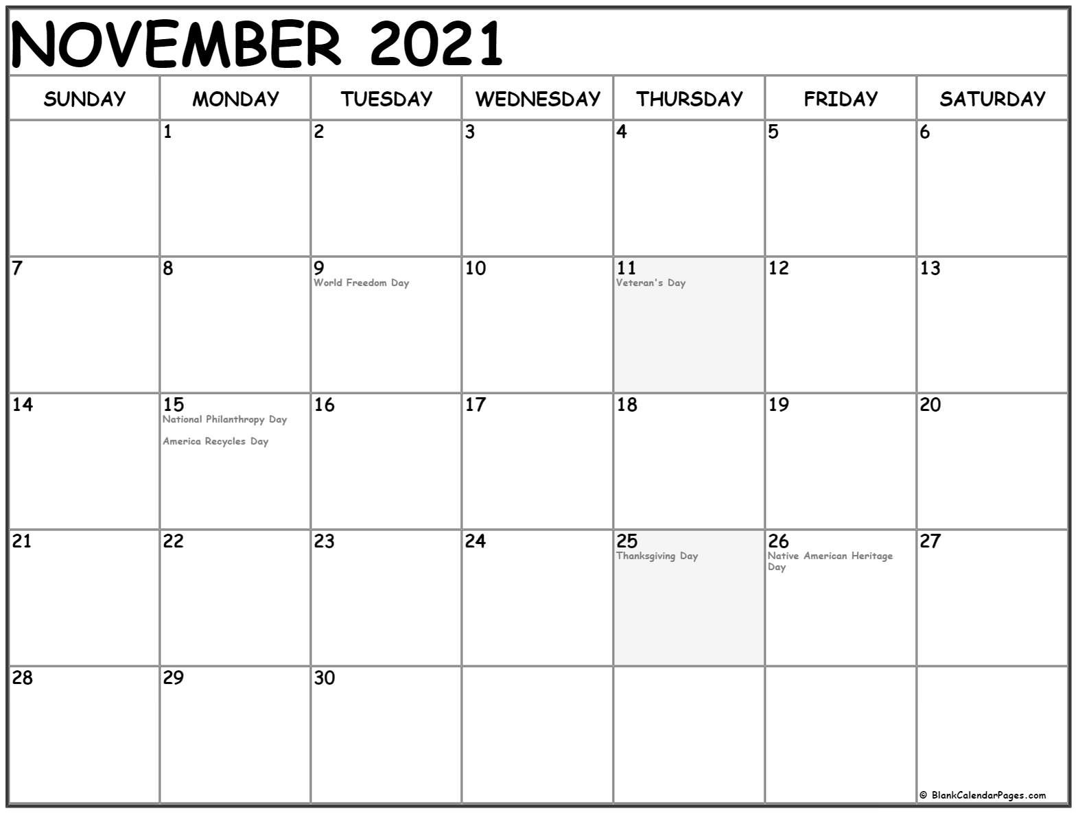 November 2021 Calendar With Holidays-Festive Printable Calendar 2021