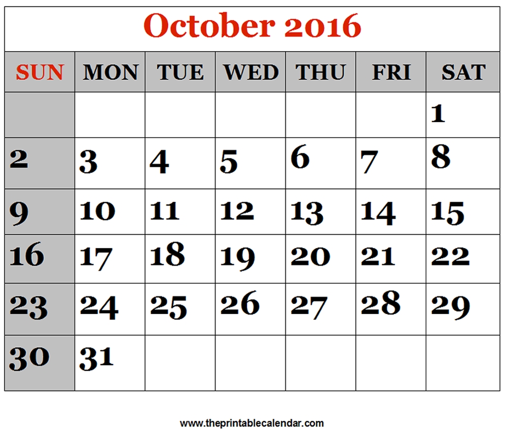 October 2016 Printable Calendars-Large Numbers Calendar October