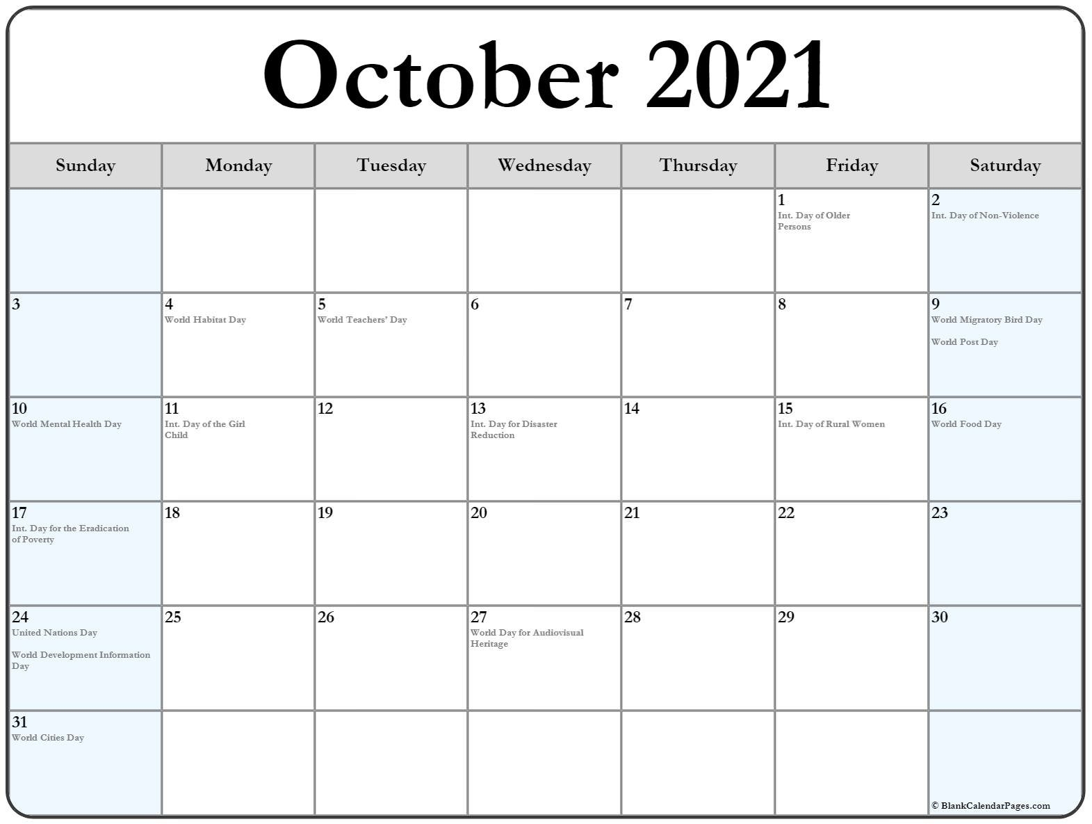 October 2021 Calendar With Holidays-Monthly Calendar Printable October 2021