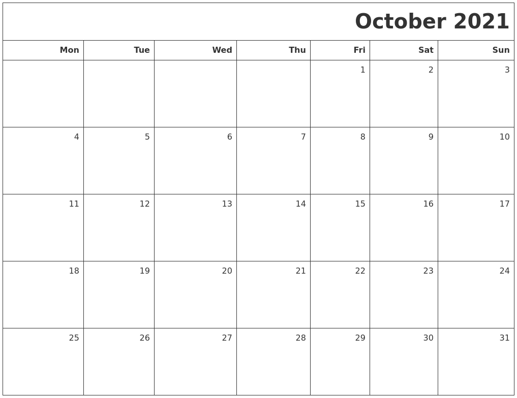 October 2021 Printable Blank Calendar-Monthly Calendar Printable October 2021