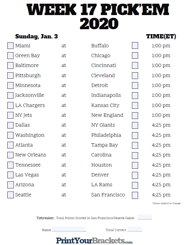 Office Pool Week 1 2017 | Basketball Scores-1 Page Printable Nfl Schedule