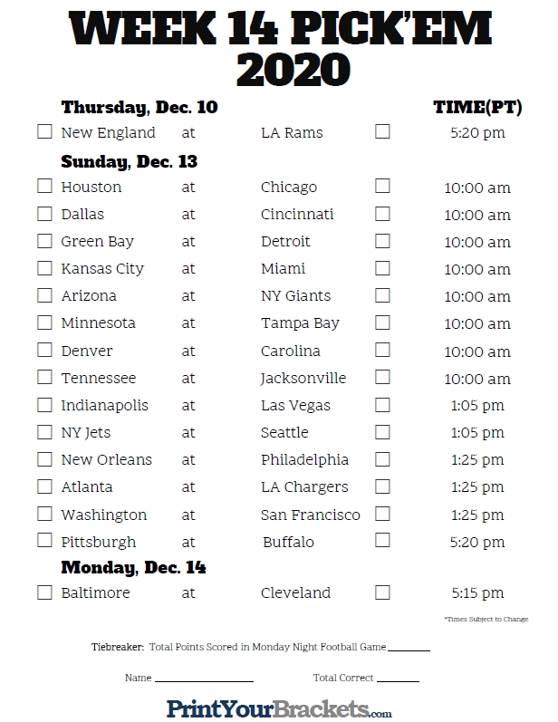 Printable Nfl Schedule Week 14