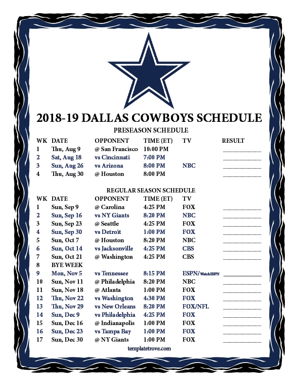 Printable 2018-2019 Dallas Cowboys Schedule-Free Nfl Schedule Printable