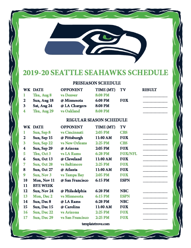 Printable 2019-2020 Seattle Seahawks Schedule-Free Nfl Schedule Printable