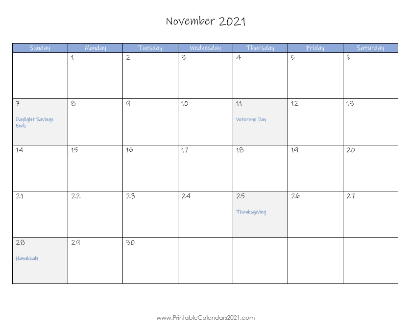 Printable Calendar November 2021, Printable 2021 Calendar With Holidays-November 2021 Fill In Calendar