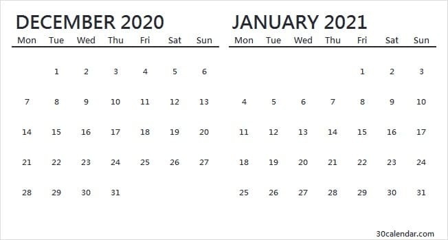 Printable December 2020 January 2021 Calendar - To Do List-Printable Pocket Calendars 2021
