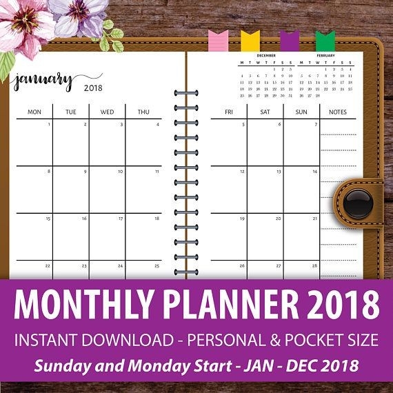 Printable Monthly Planner 2018, Monthly Calendar Planner, Filofax Personal, Personal Size-Pocket Calendar Free Online