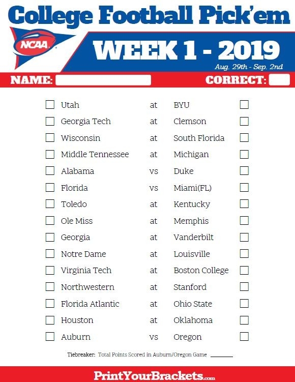 Printable Week 1 College Football Pick&#039;Em Sheets - 2019 | College Football, Football, Football Picks-1 Page Printable Nfl Schedule