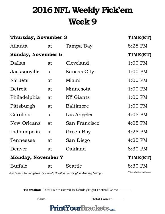 Printable Week 9 Nfl Schedule Pick Em Sheets | Mission Statement Examples, Medical Business Card-1 Page Printable Nfl Schedule