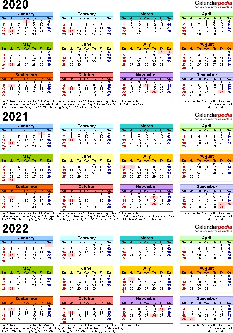 Template 3: Word Template For Three Year Calendar 2020-2022 (Portrait Orientation, 1 Page-3 Year Calendar 2021