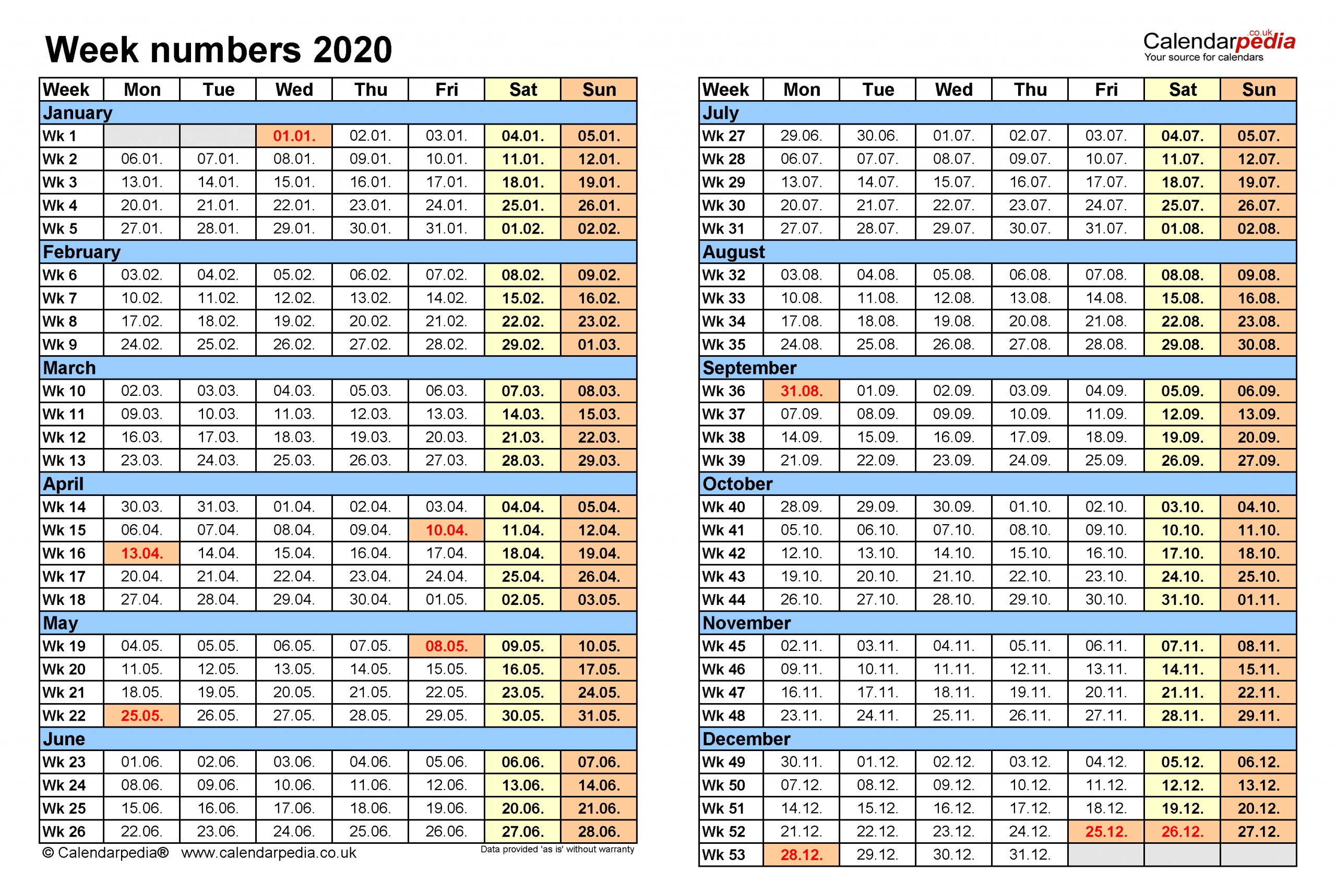 Week Numbers 2020 With Excel, Word And Pdf Templates-Yearly Week Number Calendar Excel0.