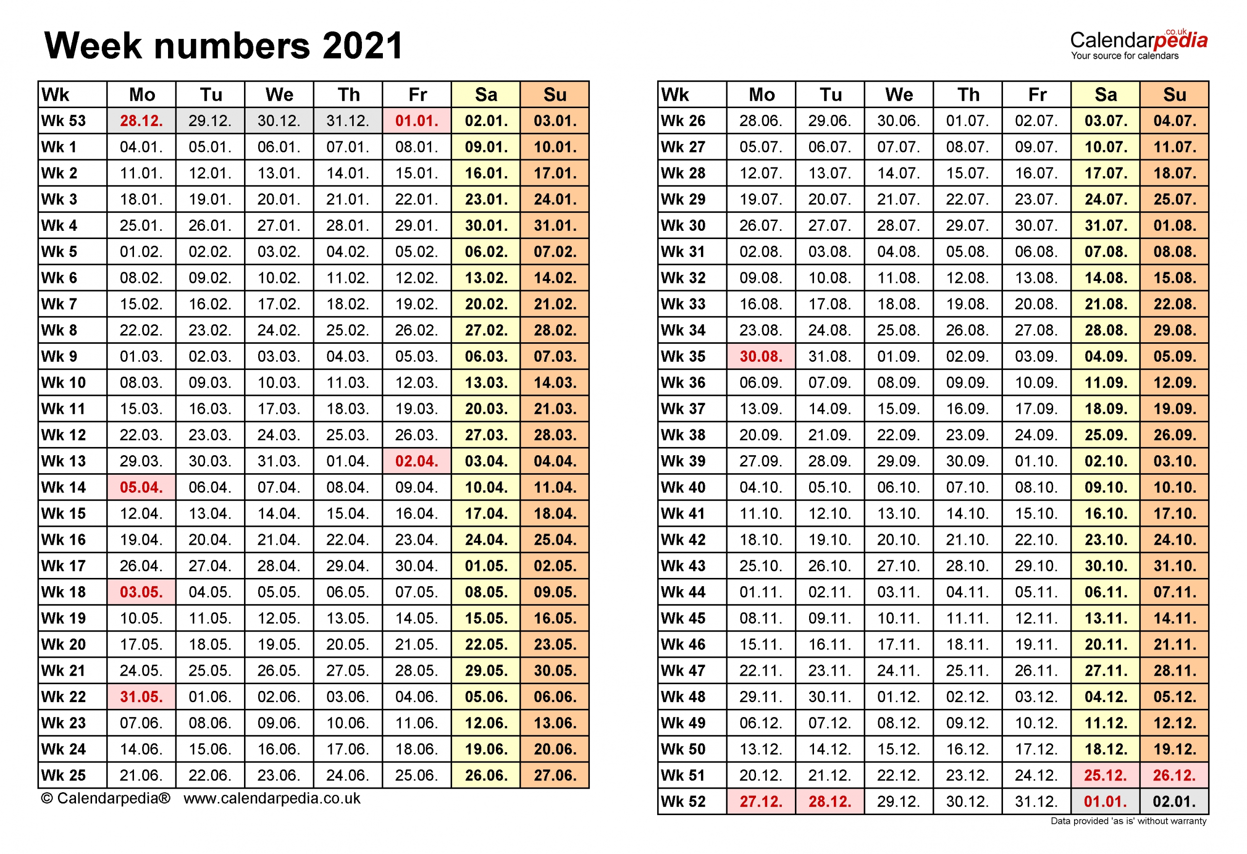 Week Numbers 2021 With Excel, Word And Pdf Templates-2021 Calnder By Week No Excel