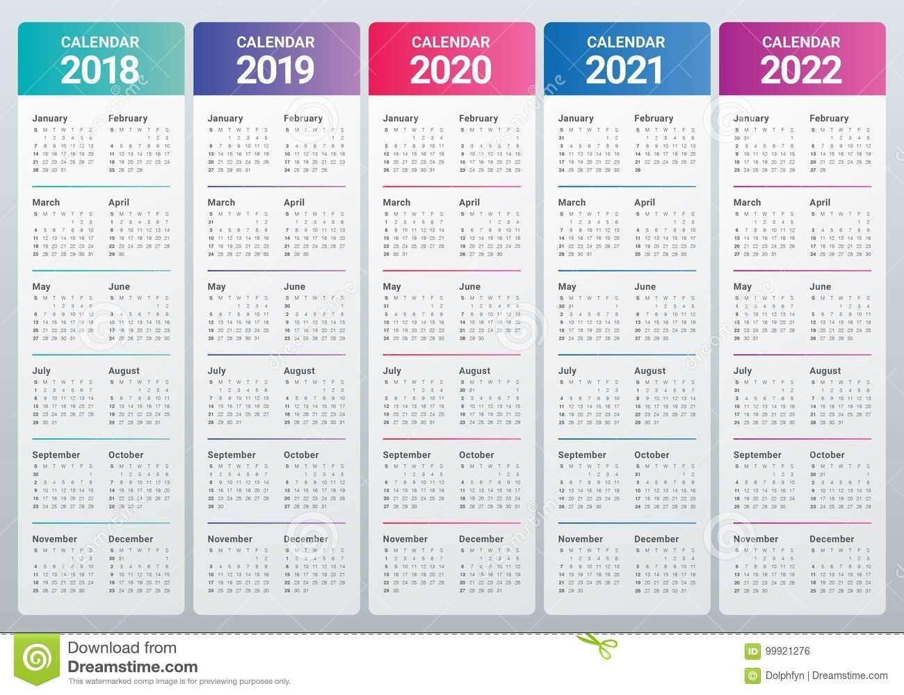 Year 2018 2019 2020 2021 2022 Calendar Vector Stock Vector - Illustration Of 2022, 2020: 99921276-3 Year Calendar 2021