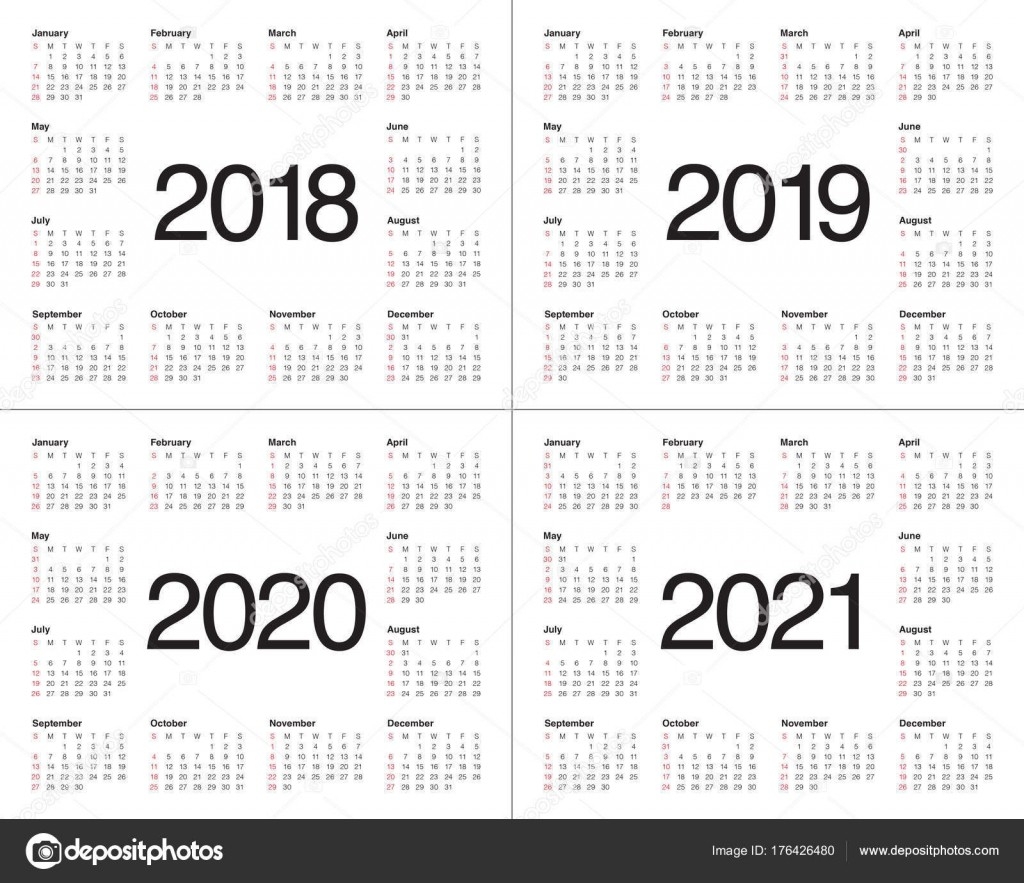 Year 2018 2019 2020 2021 Calendar Vector — Stock Vector © Dolphfynlow #176426480-3 Year Calendar 2021