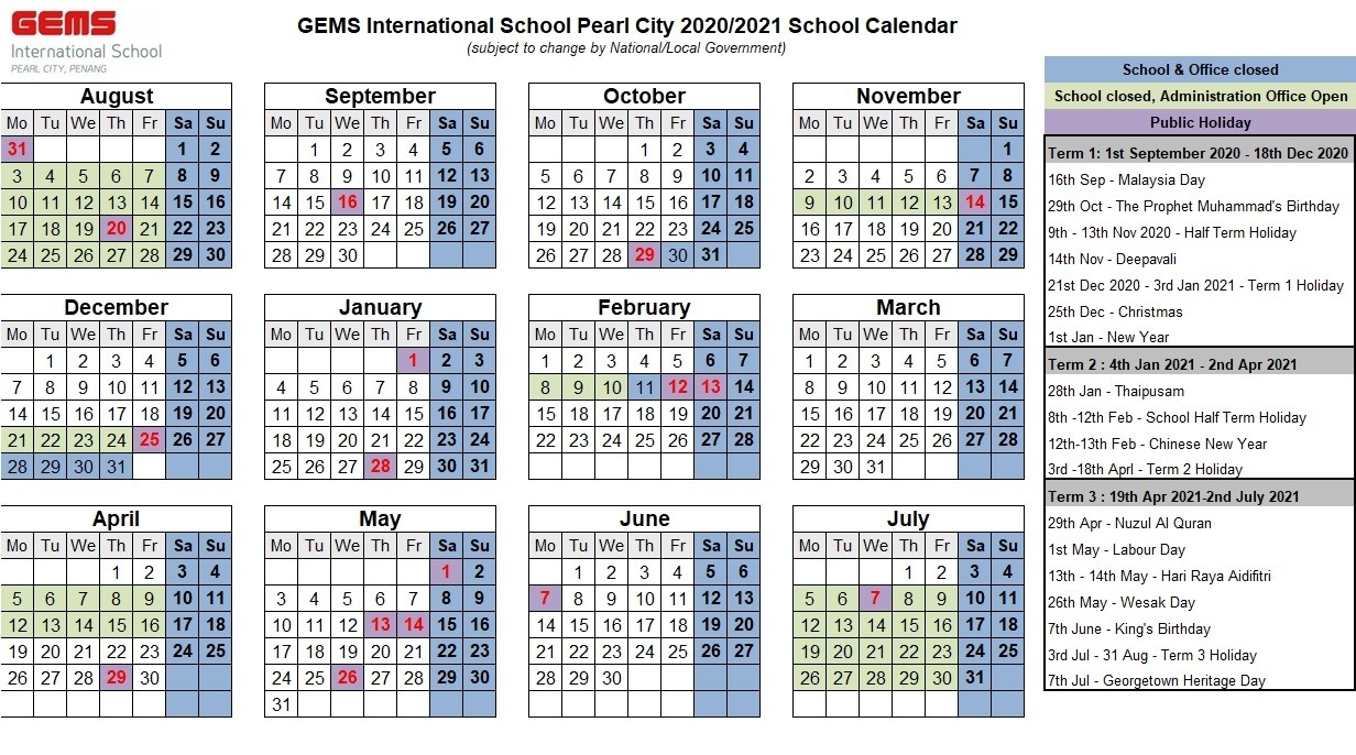 2020/2021 School Calendar - Gems International School-2021 School Holidays In Malaysia
