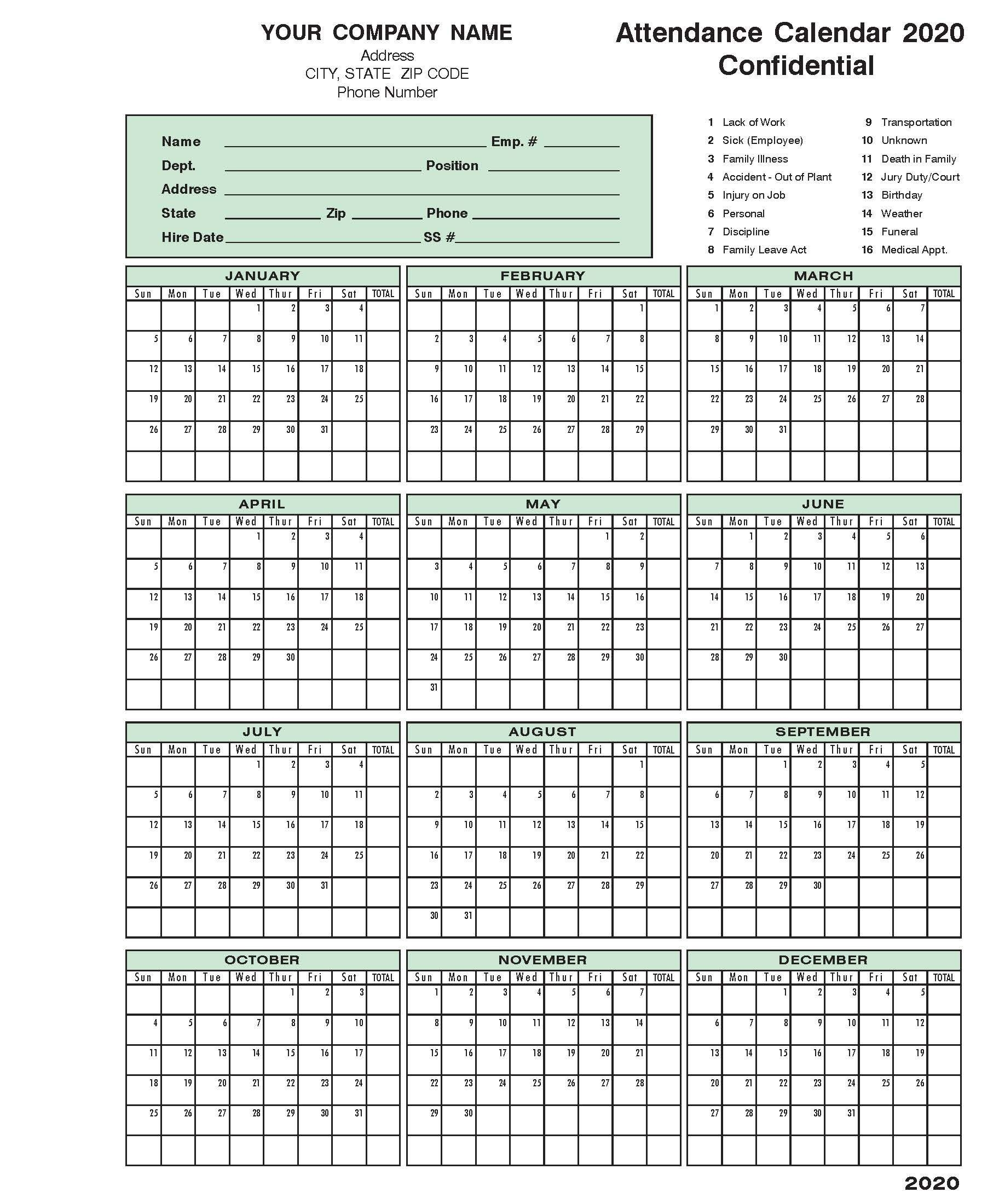 2020 Attendance Calendar | Calendar Template, Calendar 2020-Employee Attendance Calendar 2021 Printable