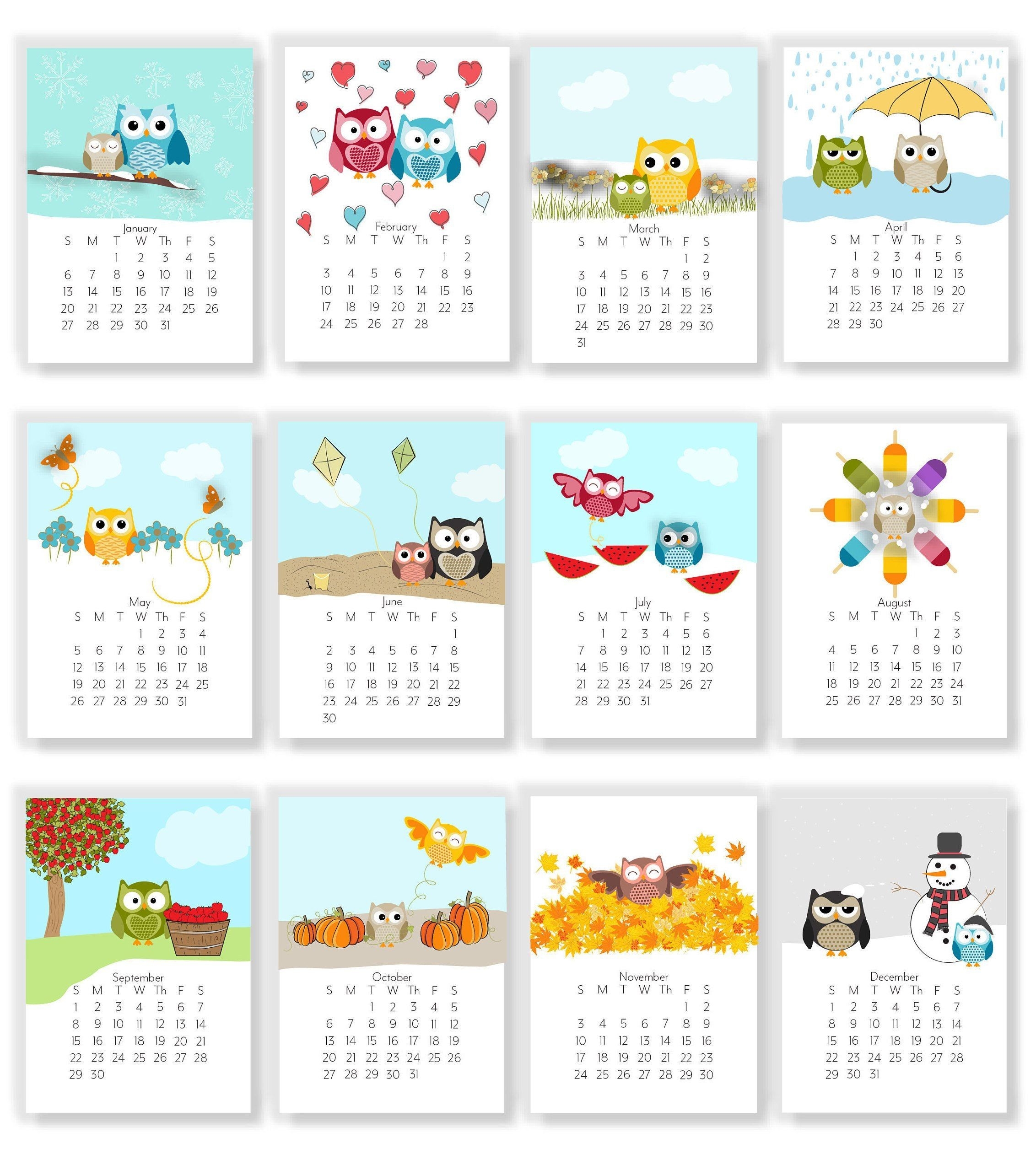 2021 Adorable Owl Monthly Calendars Instant Download | Etsy-4X6 Printable Calendar 2021 Free