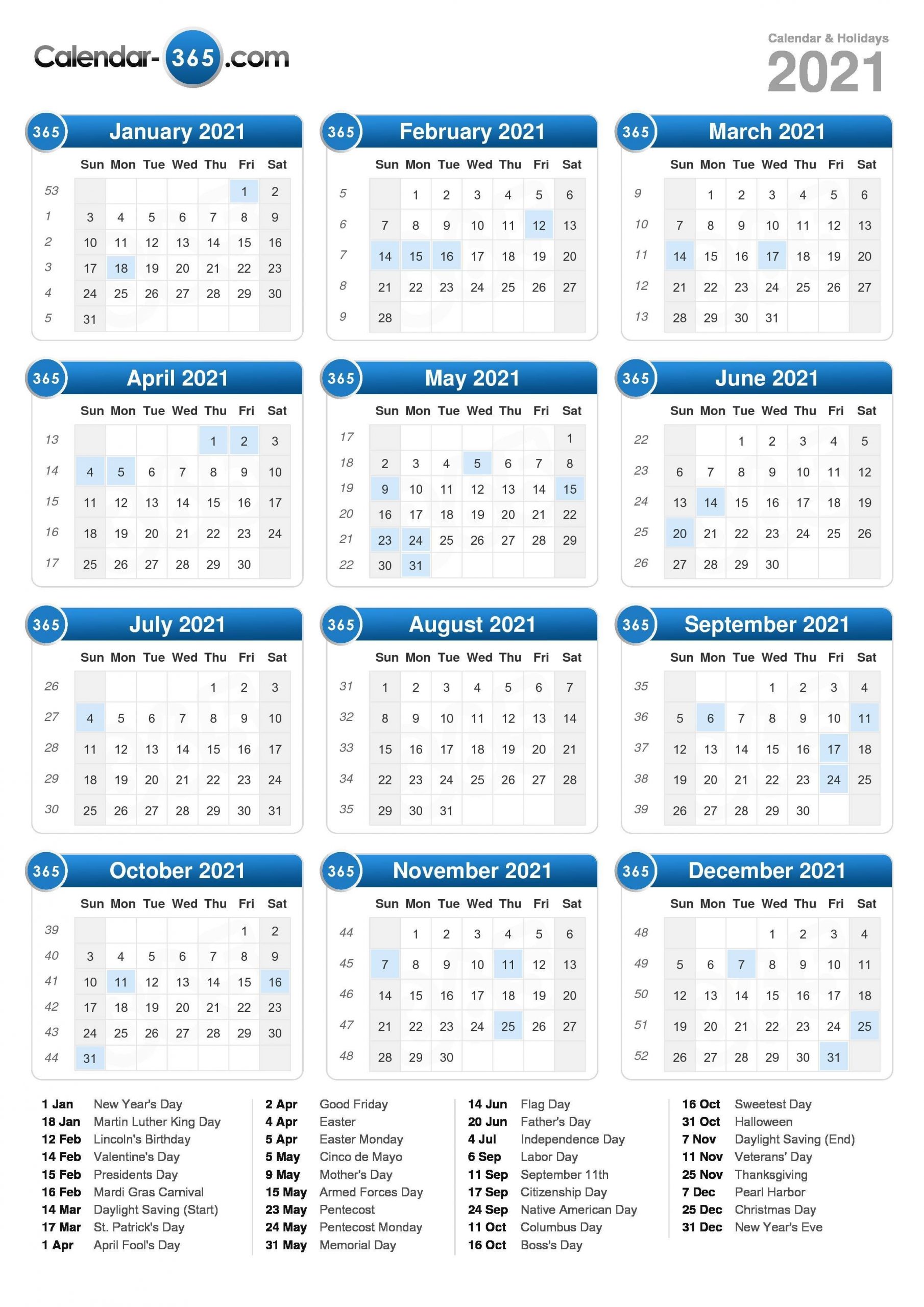 2021 Calendar-2021 Calendar With Holidays Listed