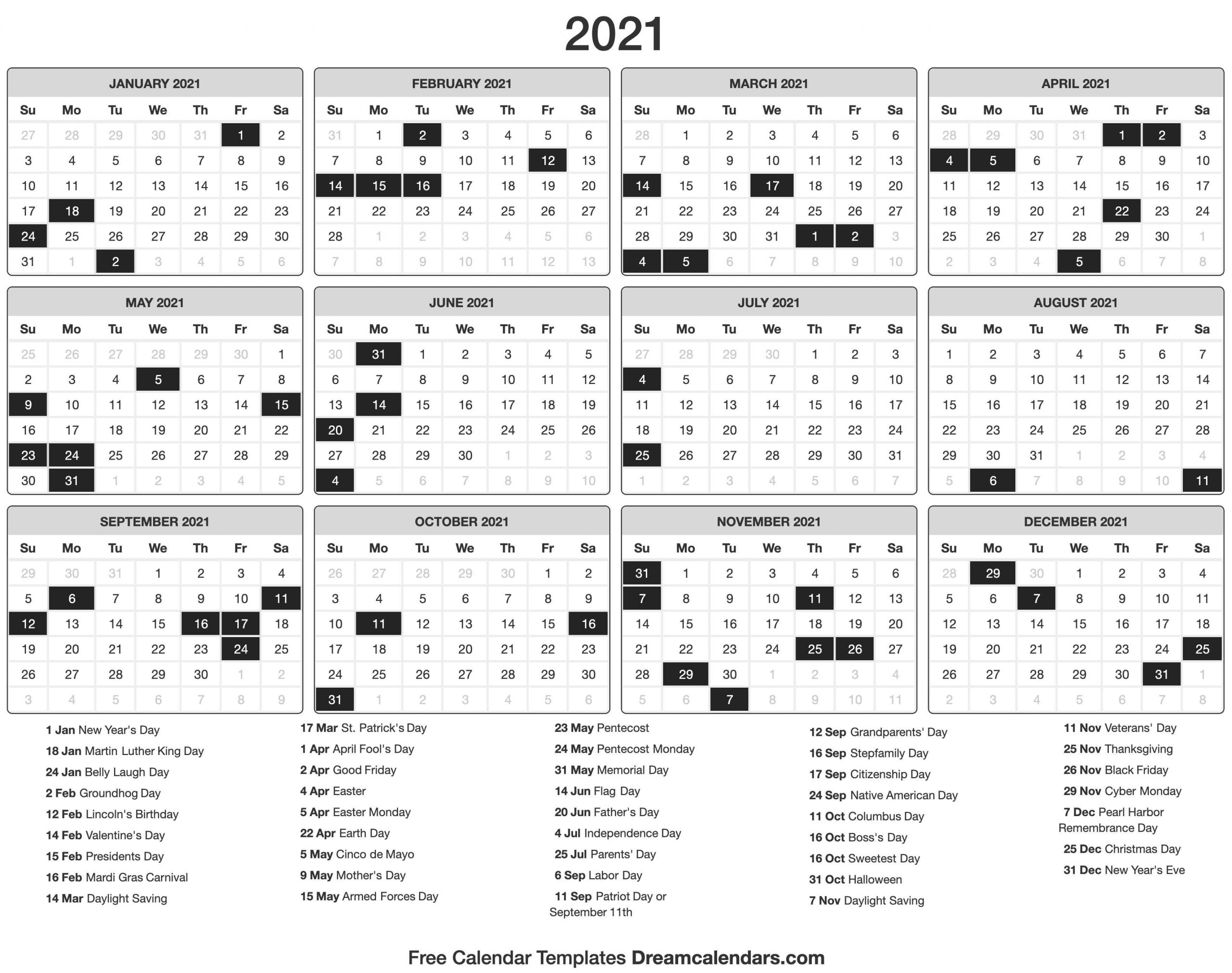 2021 vacation calandar calendar template printable