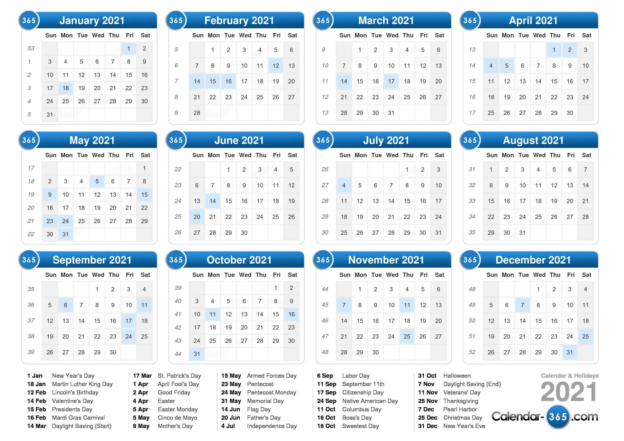 2021 Calendar-2021 Vacation Schedule