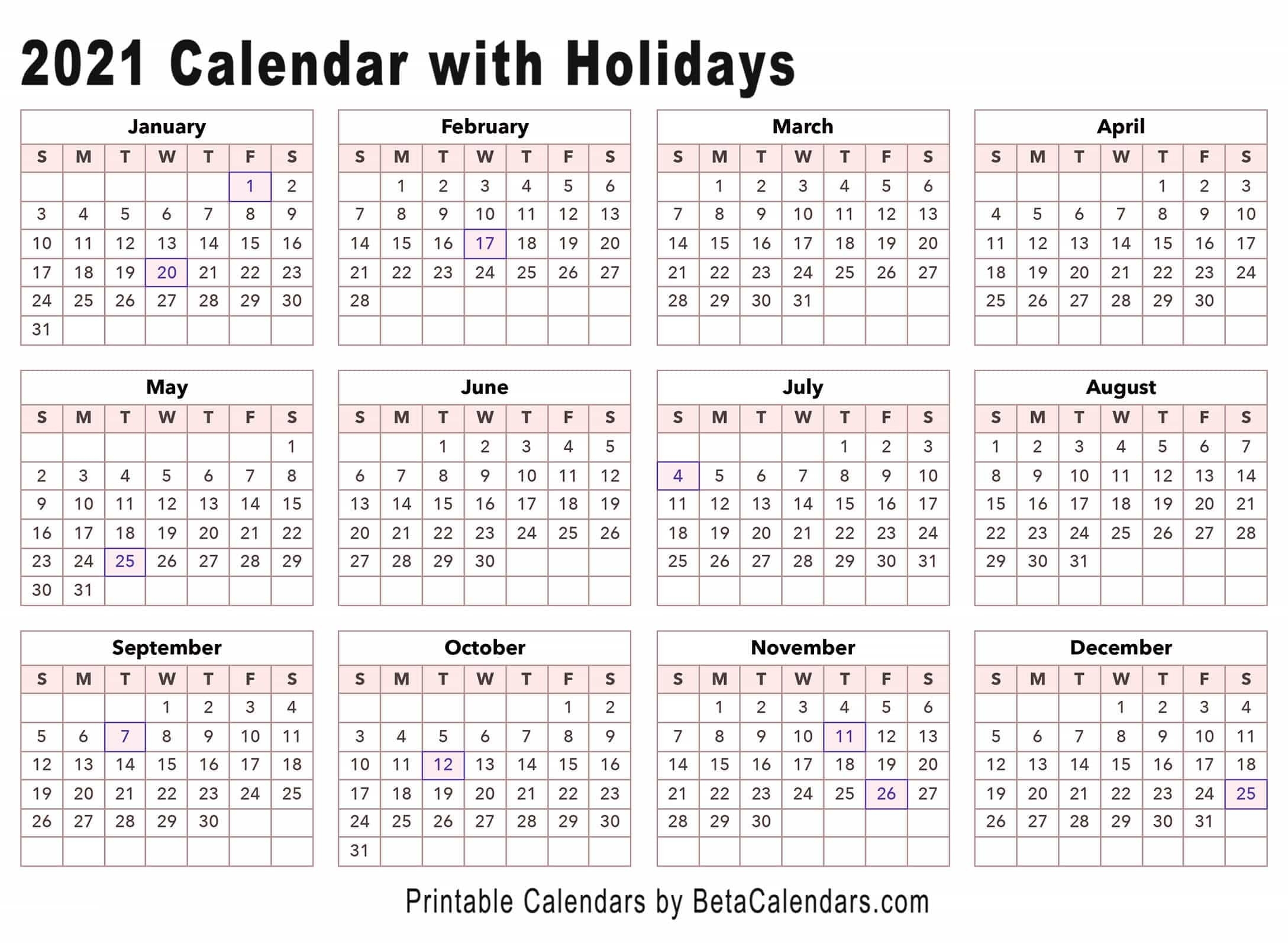 2021 Calendar - Beta Calendars-2021 Calendar Printable Vacations