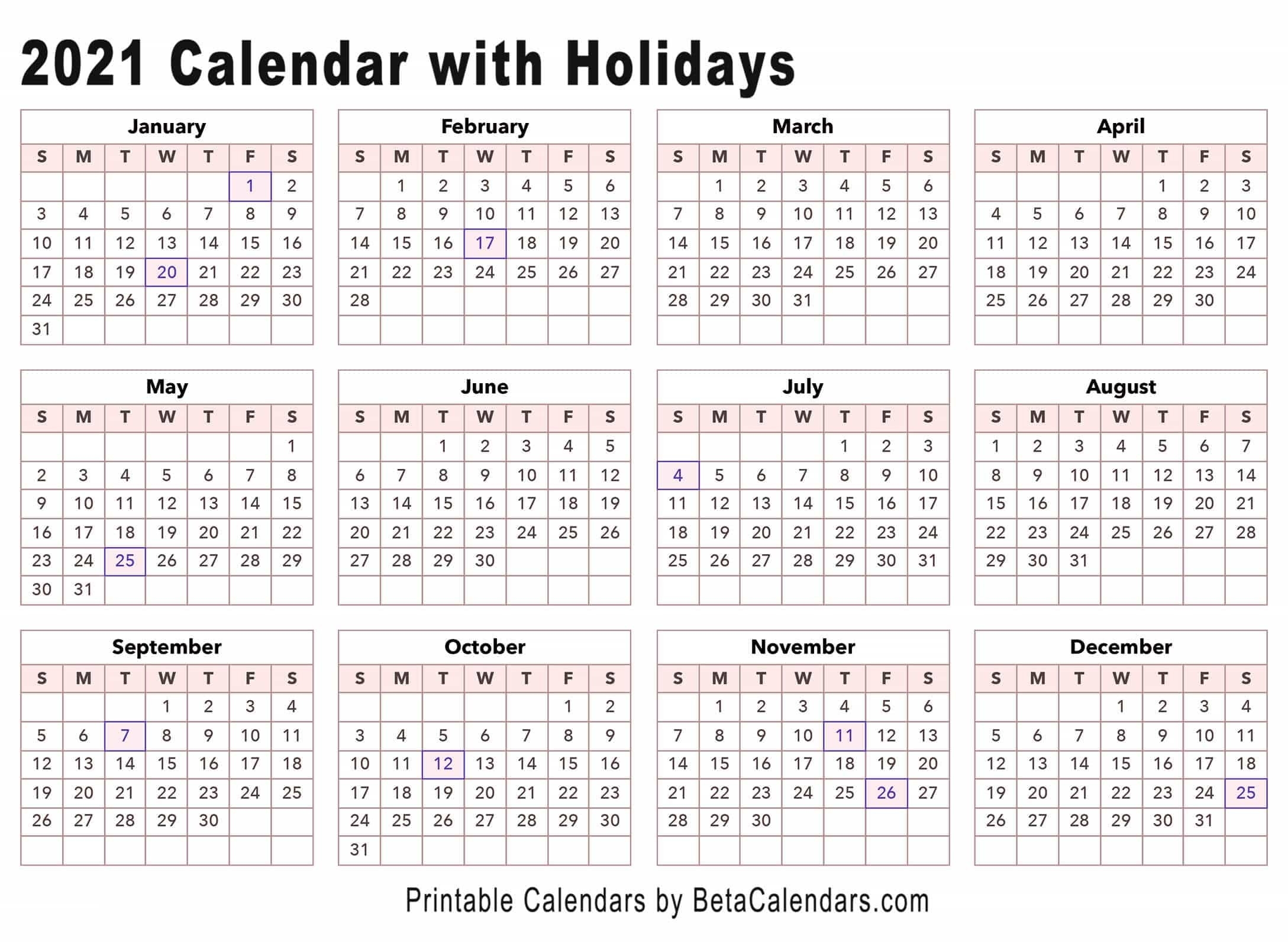 2021 Calendar - Beta Calendars-2021 Calendar With Holidays Listed