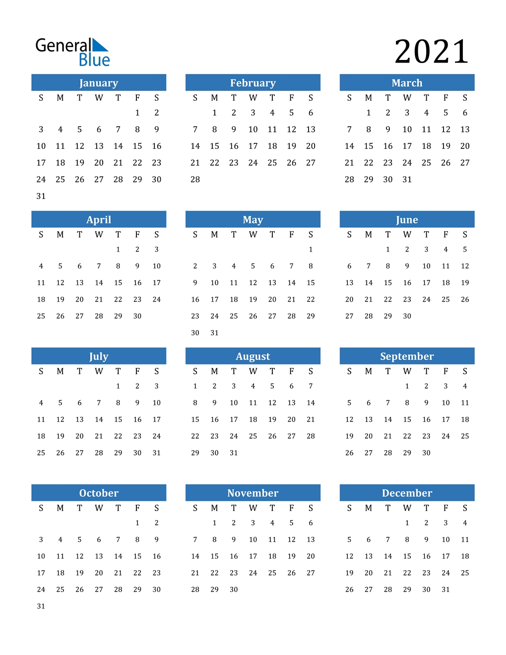 2021 Calendar (Pdf, Word, Excel)-2021 Annual Calendar Printable Free