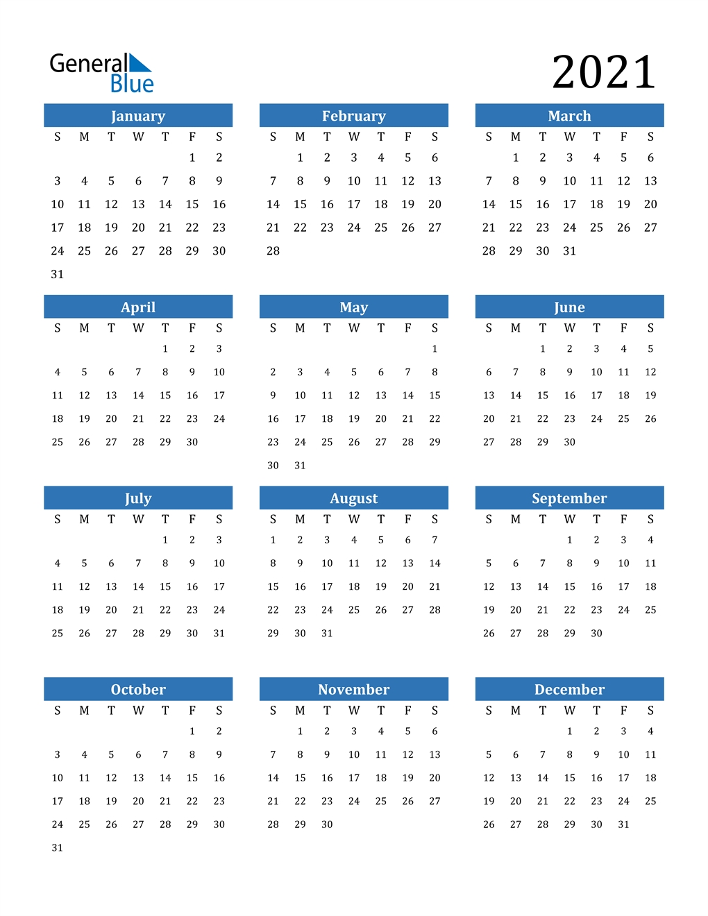 2021 Calendar (Pdf, Word, Excel)-2021 Yearly Calendar Printable Word