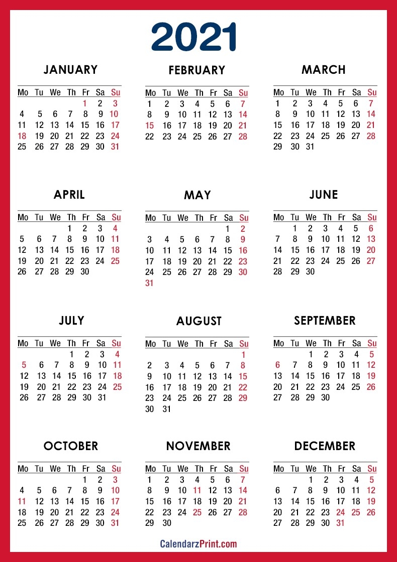 2021 Calendar Printable Free With Usa Holidays, Red – Monday-2021 Us Calendar With Holidays Printable