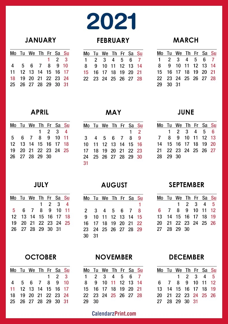 2021 Calendar Printable Free With Usa Holidays, Red – Monday-Monday Start 2021 Calendar