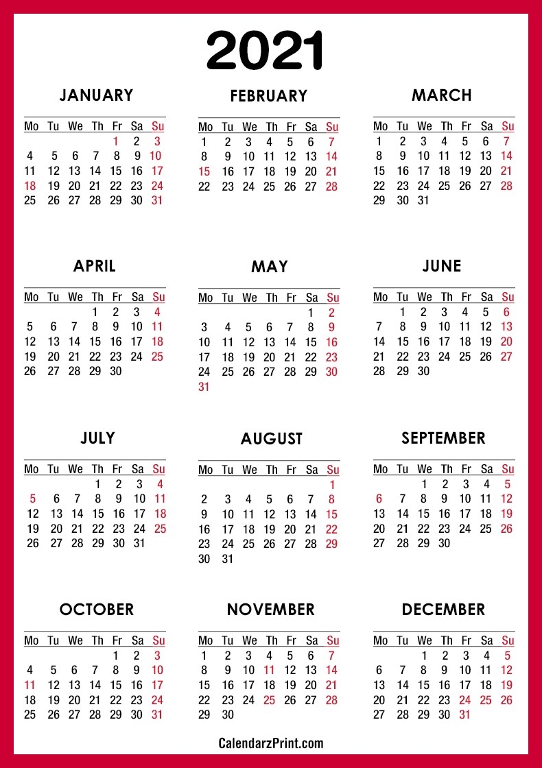 2021 Calendar Printable Free With Usa Holidays, Red – Monday-Printable Vacation Calendar For 2021