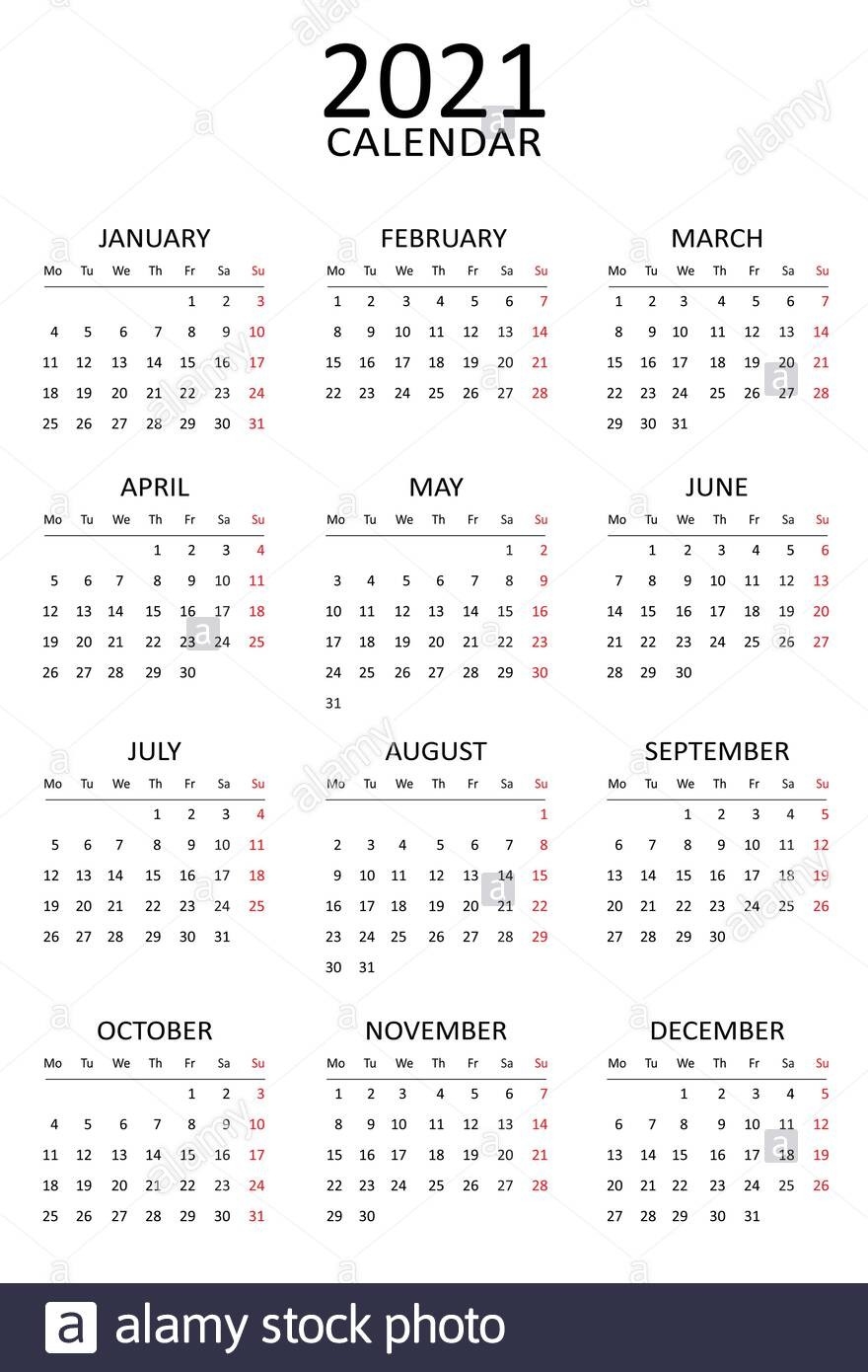 2021 Calendar Template. Simple Black And White Design. Week-Calendar 2021 Shwoing Previous Month