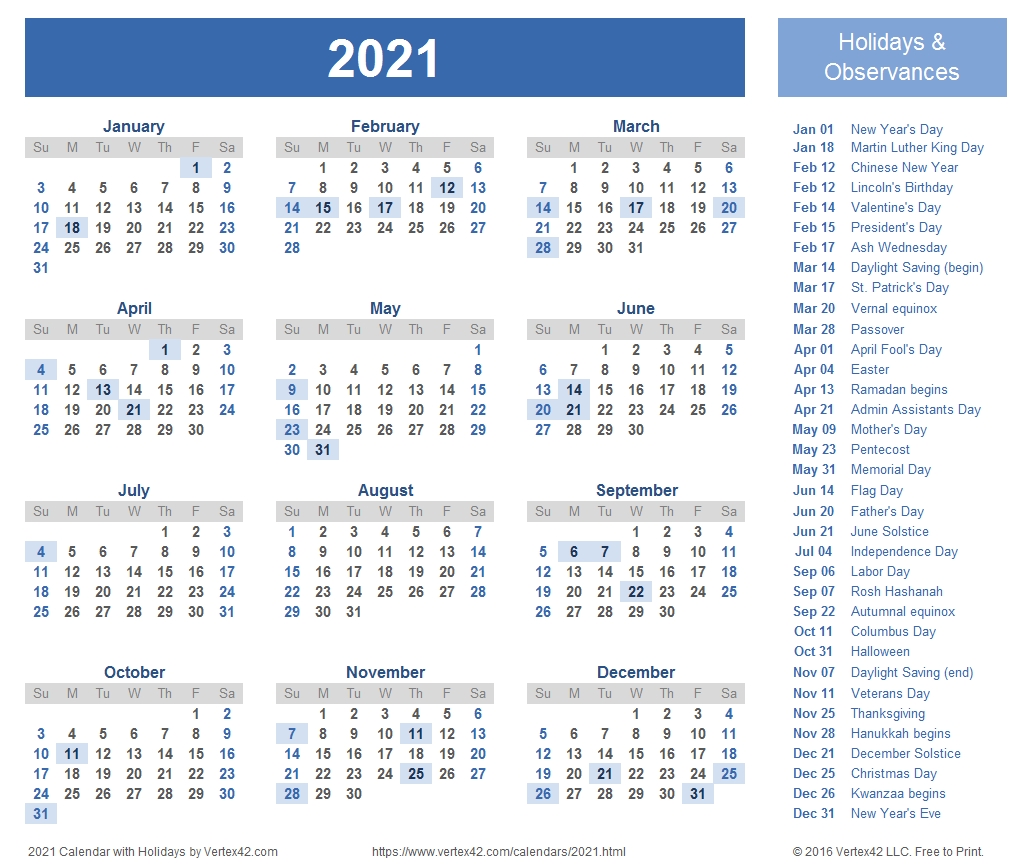 2021 Calendar Templates And Images-2021 Calendar With Holidays Listed