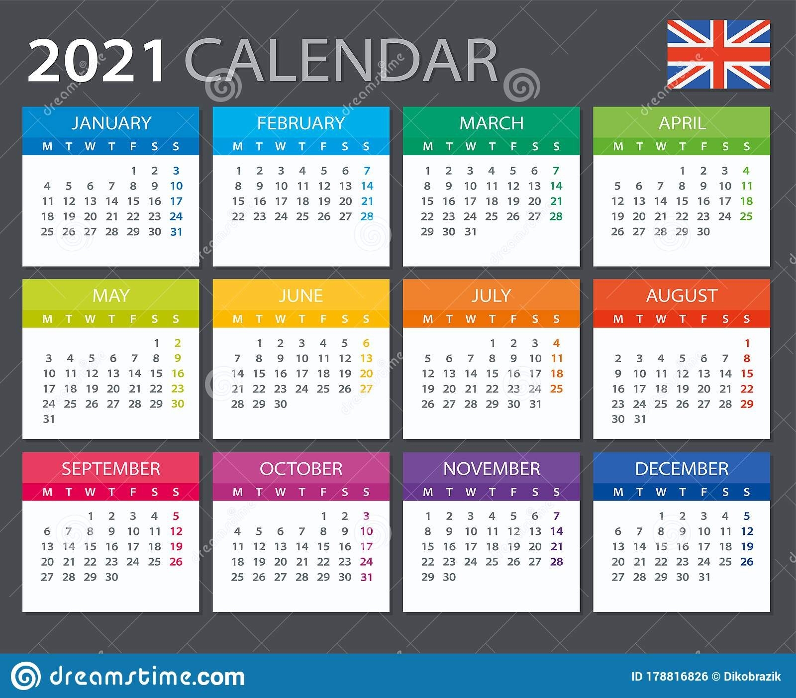2021 Calendar - Vector Illustration. European Version Stock-European Calendar 2021