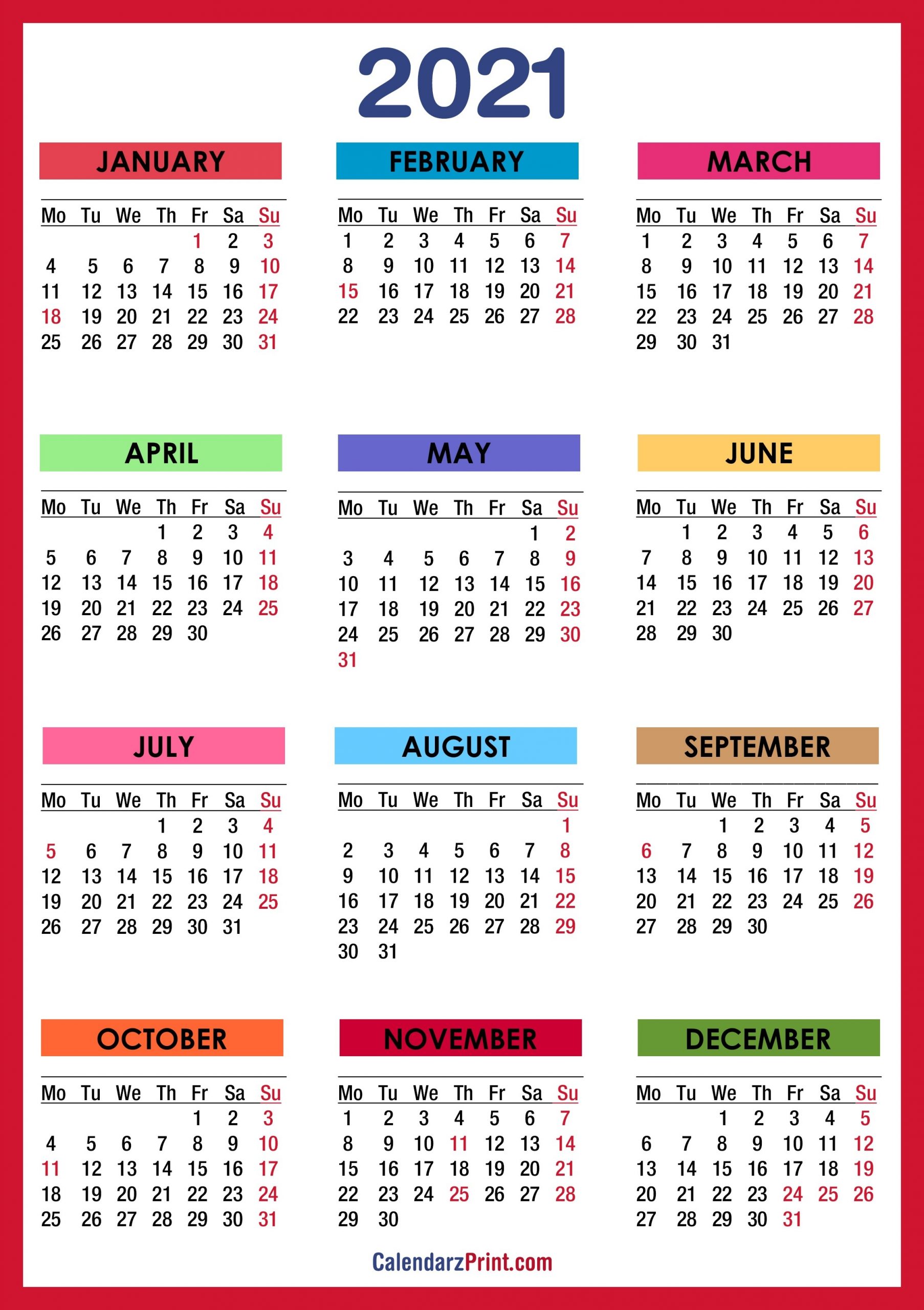 2021 Calendar With Holidays, Printable Free, Colorful, Red-Printable Vacation Calendar For 2021