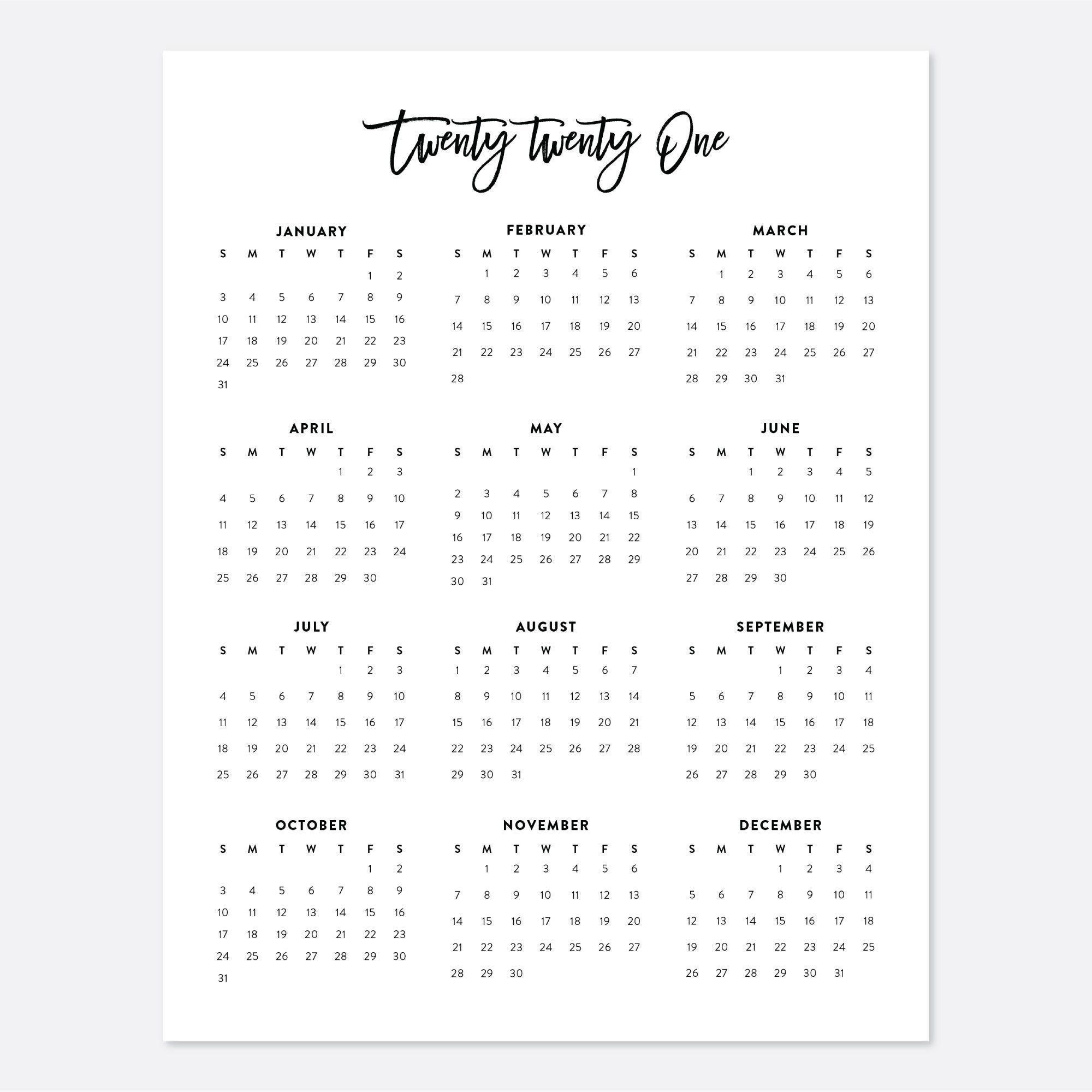2021 Desk Calendar Printable Calendar 2021 Calendar Year-Free 2021 Year At A Glance Calendar
