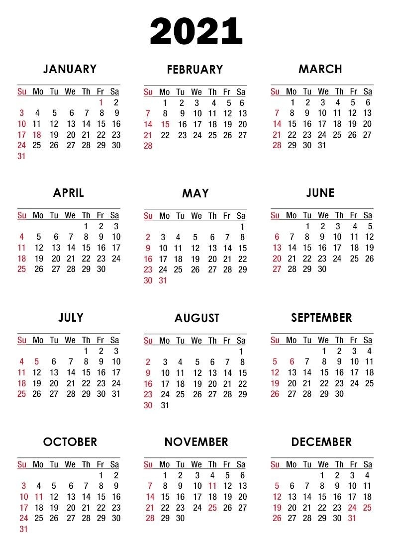 Blank Yearly Calendar 2021 Calendar Template Printable