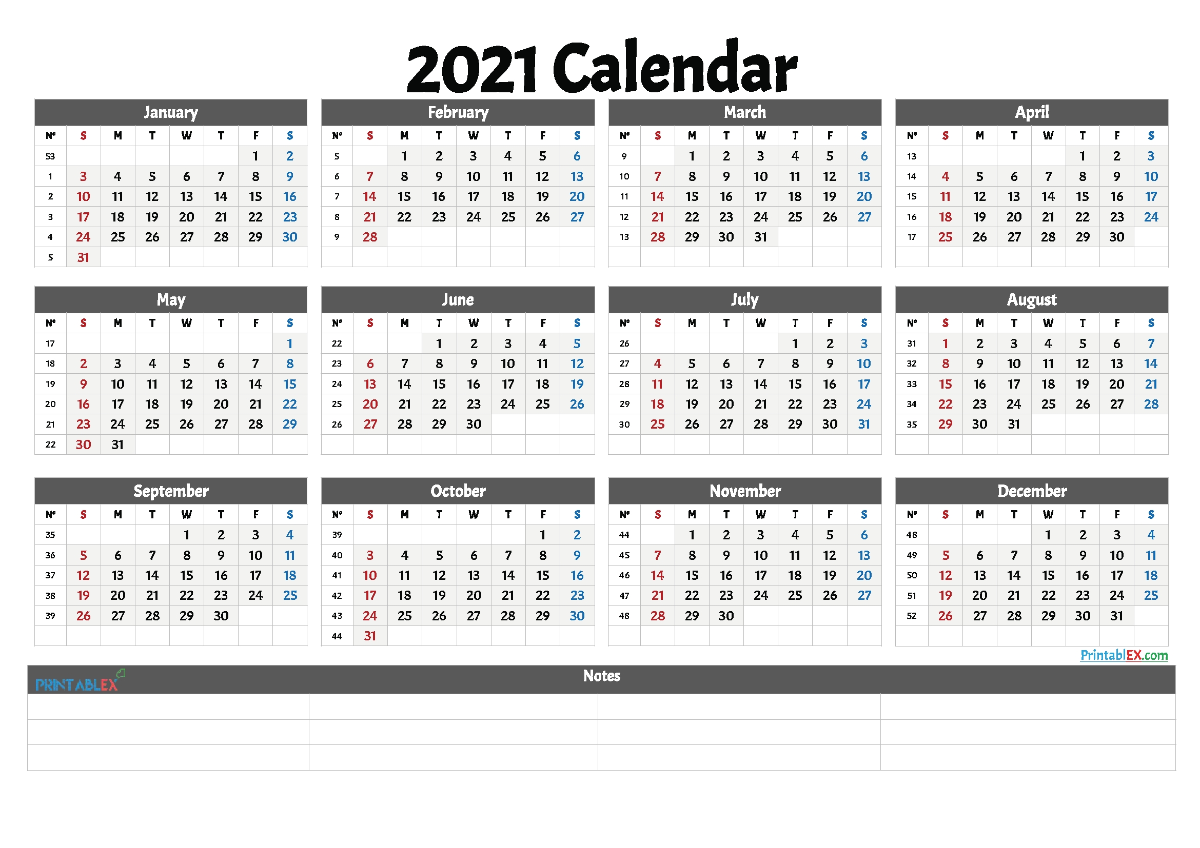 2021 Free Printable Yearly Calendar With Week Numbers – Free-Printable Calendar 2021